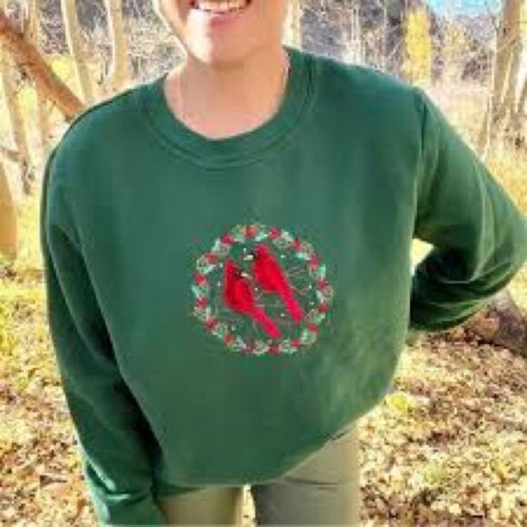 Y2K Vintage Granny Style Cardinal Christmas Sweatshirt Green Large - Picture 1 of 7